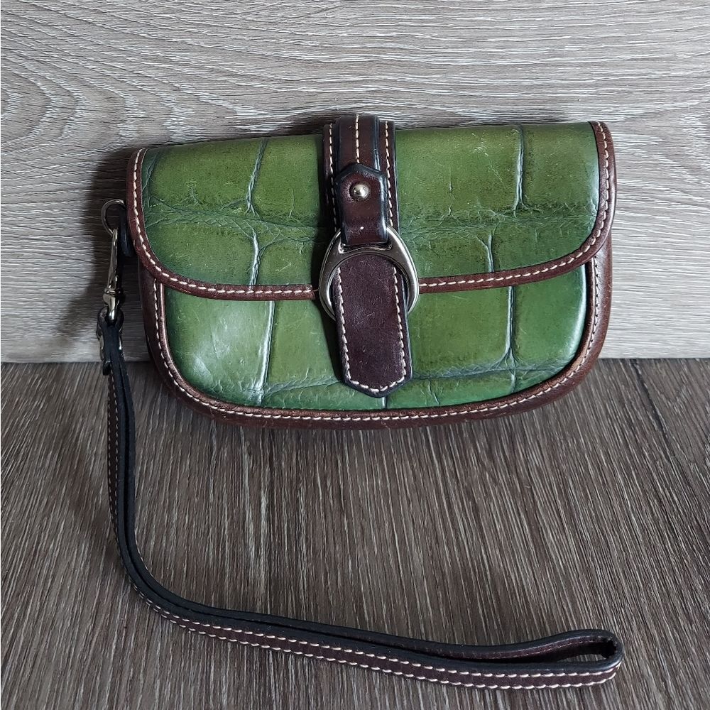 Dooney & Bourke Vintage Green Croc Embossed Leather Wristlet Stirrup Type Buckle